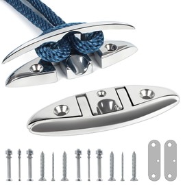 Boat Cleat Folding 5 inch 2 Pack, Dock Cleat Flip Up 3 Holes 316 Stainless Steel, Folding Boat Cleat with Fasteners and Back Plates for Dock, Boats and Kayak