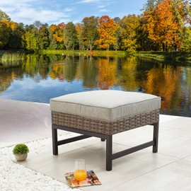 Sports Festival Outdoor Patio Ottoman with Cushion All Weather Wicker Footrest Rattan Furniture Square Footstool Seat with Metal Frame for Deck Yard Lawn