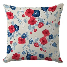 CarOptics 4th of July Pillow Cover 18x18 - Patriotic Floral Pattern, American Red and Blue Roses for Independence and Memorial Day Home Decor