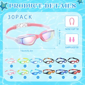 Yexiya 30 Pairs Swimming Goggles with Nasal Clip and Earplugs, Anti Fog, UV Protection No Leaking Summer Wide View Professional Swimming Goggles for Men Women Adults Teenagers (Color Matching)