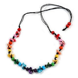 Avalaya Multicoloured Wood Bead and Sea Shell Nugget Black Cotton Cords Necklace - 72cm Long