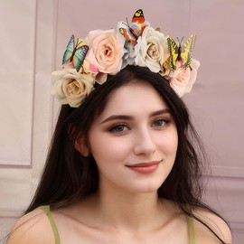 Yheahin Mexican Rose Flower Crown Headband for Women Butterfly Floral Headpiece Day of The Dead Headband Cosplay Party Costume Flower Hair Accessories (Butterfly 1- blue, Elastic)