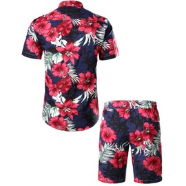 Jogal Men's Floral, Short-sleeves Cotton Hawaiian Shirt and Shorts Set (De-a334tz_bluecockscomb_s) - navy Floral, size: s