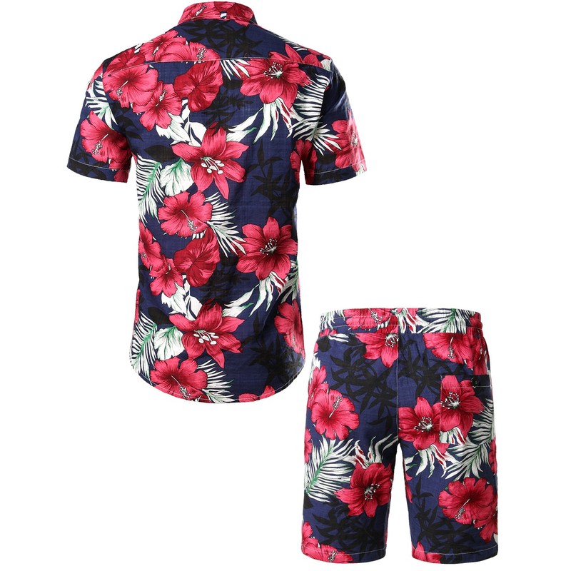 Jogal Men's Floral, Short-sleeves Cotton Hawaiian Shirt and Shorts Set