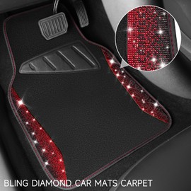 CAR PASS Bling Diamond Car Floor Mat Shining Rhinestones Carpet, Sparkly Glitter Crystal Anti-Slip PVC Heel Pad Automotive Universal Fit for SUV Sedan Car Van, 4pcs for Girl Cute Women, Black Red