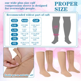 Hillban 2 Pair Wide Plus Size Calf Compression Socks with Zipper for Overweight Women Men 15 to 25 MmHg (Beige,2X-Large)