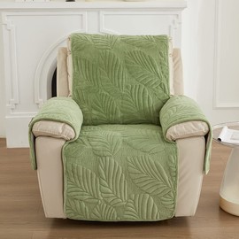 vctops Palm Leaves Velvet Plush Quilted Recliner Chair Cover Anti-Slip Super Soft Furniture Protector with Elastic Straps for Kids, Dogs, Pets, Green