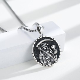 Aututer Santa Muerte Necklace 925 Sterling Silver Grim Reaper Necklace Holy Death Scythe Necklace Death Moth Necklace for Men Gothic La Santa Muerte Jewelry Gift, S925 Sterling Silver, No Gemstone