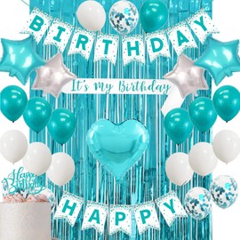 Happy Birthday Decorations Teal Birthday Decorations for Girls - Happy Birthday Banner, Happy Birthday Sash and Caketopper,Turquoise Blue Metalic Tinsel Party Photo Backdrop Curtains