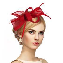 Zinniday Red Bows Derby Hats - 2025 Elegant Victoria Fascinators Attire Headwear with Hairpin, 1920s 50s Vintage Feather Tea Party Hats for Women Lady Girls Cocktail Church Ball Hair Accessories