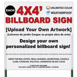 Custom Billboard Sign, Extra Large Yard Sign, 48 x 48 inch (4ft x 4ft), Outdoor, Weatherproof Corrugated Plastic (1)