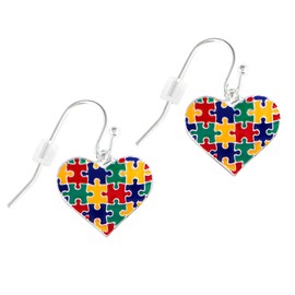 Hanging Autism Colored Puzzle Piece Heart Earrings in a Gift Box (1 Pair of Earrings - Retail)