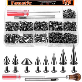 Tanstic 176 Sets Punk Spikes and Studs Kit, 8 Sizes Cone Spikes Screwback Studs Metal Tree Spikes for Leather Punk Style Clothing Accessories (Gun Black)