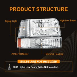 DimFlux Headlight Assembly, Headlights Kit Compatible with 1992-1996 Ford F150 F250 F350/1992-1996 Bronco Replacement Headlamp Bumper Lamp Set Chrome Housing Amber Reflector