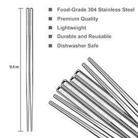 Premium Stainless Steel Metal Chopsticks, Reusable Silver Chopsticks Dishwasher Safe, Square Lightweight Non-Slip Chop Sticks Easy to Use for Home Kitchen Hotel Restaurant (Stainless steel, 8.7)
