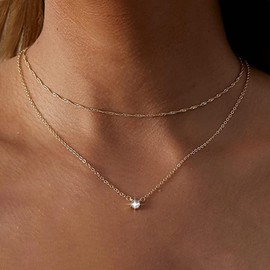 Inateannal Vintage Layered Crystal Choker Necklace Cubic Zirconia Pendant Necklace Gold Rhinestone Chain Necklace Round Diamond Necklaces Jewellery for Women and Girls, Zinc, No Gemstone