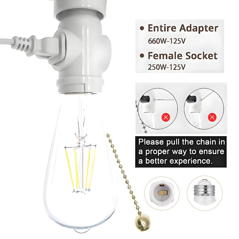QMTSINEW 2-Pack E26 Socket Outlet Adapter with Pull Chain Switch,