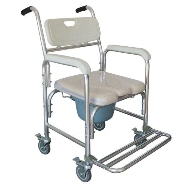 Commode Mobile Toilet Aluminium Wheelchair with Detachable Bucket for Bedside