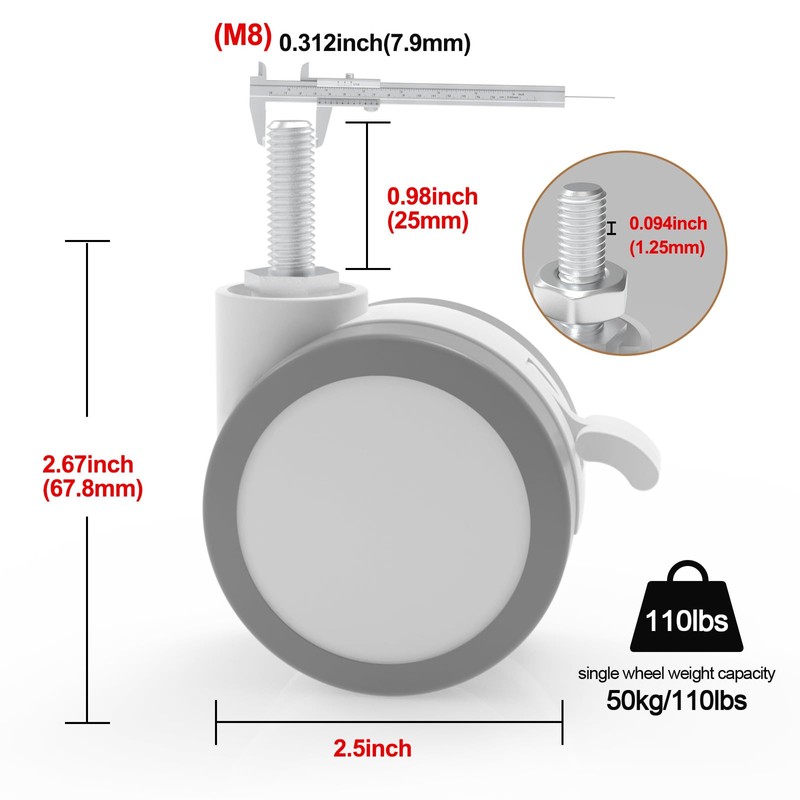 JOY worker Lockable Stem Caster Wheels Set of 4, Metric