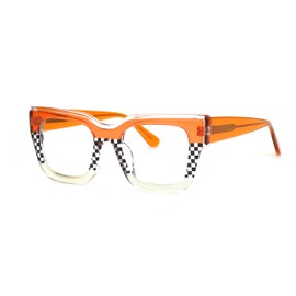 VOOGLAM Square Blue Light & UV400 Blocking Eyestrain Eyewear for Women Orange & Black-White Checkered Acetate