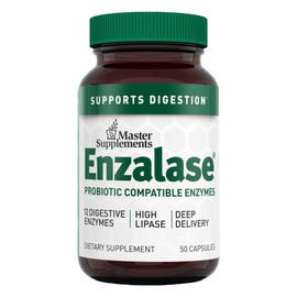 Master Supplements Enzalase - 50 Capsules - Probiotic Compatible Enzymes - Provides Digestive Boost + Gas & Bloating Relief - Gluten Free - 50 Servings