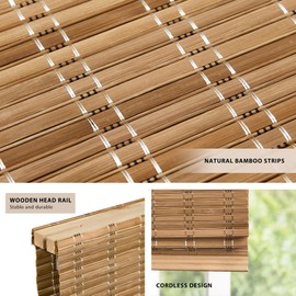 LazBlinds LazBlinds No Tools No Drill Cordless Bamboo Roman Shades, Light Filtering Window Treatment, Roll Up Bamboo Blinds for Window 34' W x 64' H, Brown