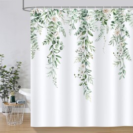 Bonhause Sage Green Eucalyptus Shower Curtain, Watercolor Leaves with White Floral Bathroom Curtain 72 x 72 Inch Polyester Fabric Waterproof Bath Curtain with 12 Hooks