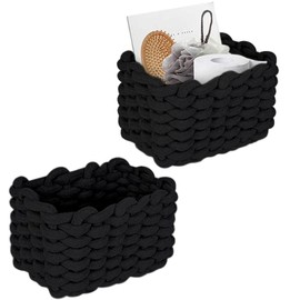 Storage Basket, Pack of 2 Braided Cotton Knitting Baskets, 19 x 15 x 12 cm, Cotton Bathroom Basket, Cotton Rope Braided, for Skin Care Product (Black)