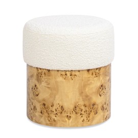 Jennifer Taylor Home Nebula Round Burl Wood Upholstered Ottoman, Ivory White Boucle