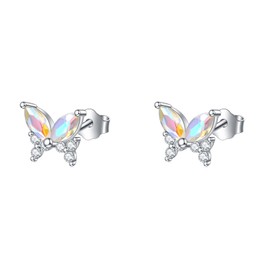 Rnivida 925 Sterling Silver Butterfly Stud Earrings for Women,Dainty Aurora Borealis CZ Tiny Butterfly Earrings for One or multiple piercings