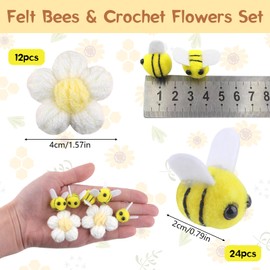 Bee Decoration Set, 24 Pieces Felt Mini Bee, with 12 Pieces Crochet Flowers White, Cute Bees, Felt Bees, Handmade Crochet Flowers, Small Bee Decoration, Bee Mini Felts, for DIY, Crafts