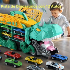 TOPTHEROAD Dinosaurios Juguetes Niños y Niñas, Pista de Dinosaurios con 12 Autos, Puede Comerse Coches y Transformarse Dinosaurio de Pie Adecuado como Regalo de Navidad, Cumpleaños (Verde)
