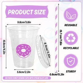 Whaline 60Pcs Donut Disposable Plastic Cups with Lids and Straws 12oz Party Cups Colorful Donut Cold Beverage Drinking Cups for Birthday Baby Shower Summer Holiday