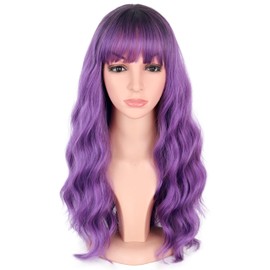 SYMEIW Purple Hair Wavy Wigs With Bangs For Women Synthetic Purple Wigs For Daily Use Everyday Wear.