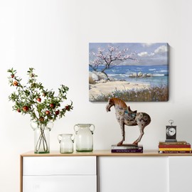 amatop Coastal Wall Art Small Bathroom Bedroom Kitchen Decor, Serene Pink Blossom Floral Tree Shore Calm Sea Beach Landscape Canvas Print Blue Ocean Scenery Abstract Nature Artwork for Walls 16x12 In