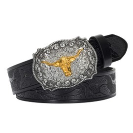 NociHah Men's Western Cowboy Brown Leather Belt - Floral Engraved Cowgirl Belt with Longhorn Bull Buckles as a Gift for Women (Waist 33 - 36 Inches), black