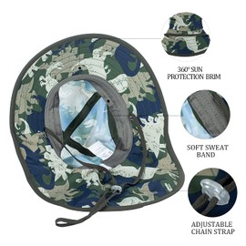 Kids Sun Hat UPF 50+ Boy Girl Protection Hat Wide Brim Beach Hats with Mesh and Adjustable Chin Strap Camouflage Green