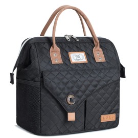 Lekesky Women's Cooler Bag, Insulated Lunch Bag, Leak-Proof Wide Open Lunch Box, 11 L, Black Quilted