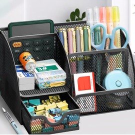 WUPYE Desk Organiser with Drawer and Compartments, Small Mesh Office Desk Accessories Supplies, Metal Black Stationary Pencil Pen Holder for desk organisers and storage