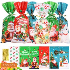 100PCS Christmas Candy Bags, GeeRic Xmas Candy Bags with Twist Tie, 10 Different Designed Snowflake Cookie Bag with Merry Christmas Snowman, Santa Claus, Christmas Tree, Gift Case, Elk Print Pattern