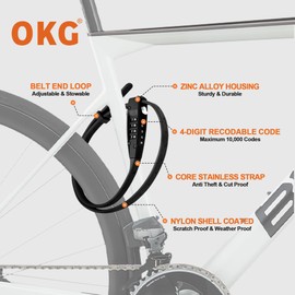 OKG 4-Digit Combination Zip Tie Lock - 2.3 Foot Extended Stainless Steel Adjustable Cable Lock with Anti-Scratch Protection- Secure Bikes, Helmets, Skis, Kayak, Luggage, and Fence Gate Doors (Black)