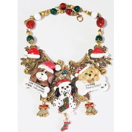 Vintage Christmas Dogs Trees Handmade Bib Necklace Earrings One of a Kind
