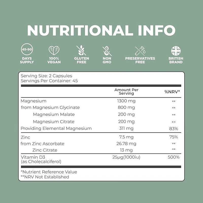 Magnesium Glycinate Capsules 1300mg | 4-in-1 Complex | 8 Hour