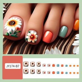 Sunflower Toenails Press on Nails Short Square Summer Flower Fake Toenails Glossy Artificial Toe Nails Full Cover False Toe Nail for Women