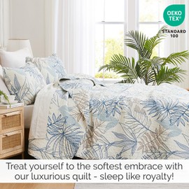 Southshore Fine Living, Inc. Oversized Full/Queen Quilt Set, All Season Microfiber Quilted Coverlet with 2 Quilted Pillow Shams, Tropical Print, Lightweight Queen Bedspread, Blue