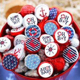 Ahoy It's a Boy Baby Shower Favor Stickers, Nautical Chocolate Kisses Party Favor Candy Stickers - 180 Labels