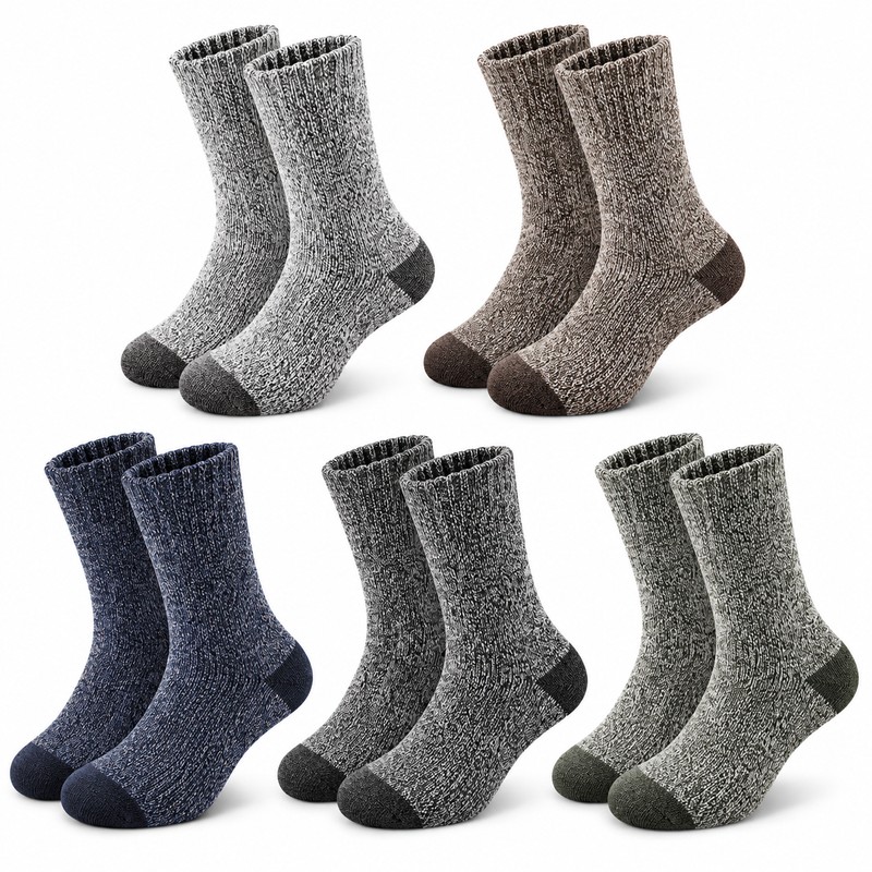 5-Pair Men's Thick Cotton Thermal Hiking Socks, Mid-Calf, US Size