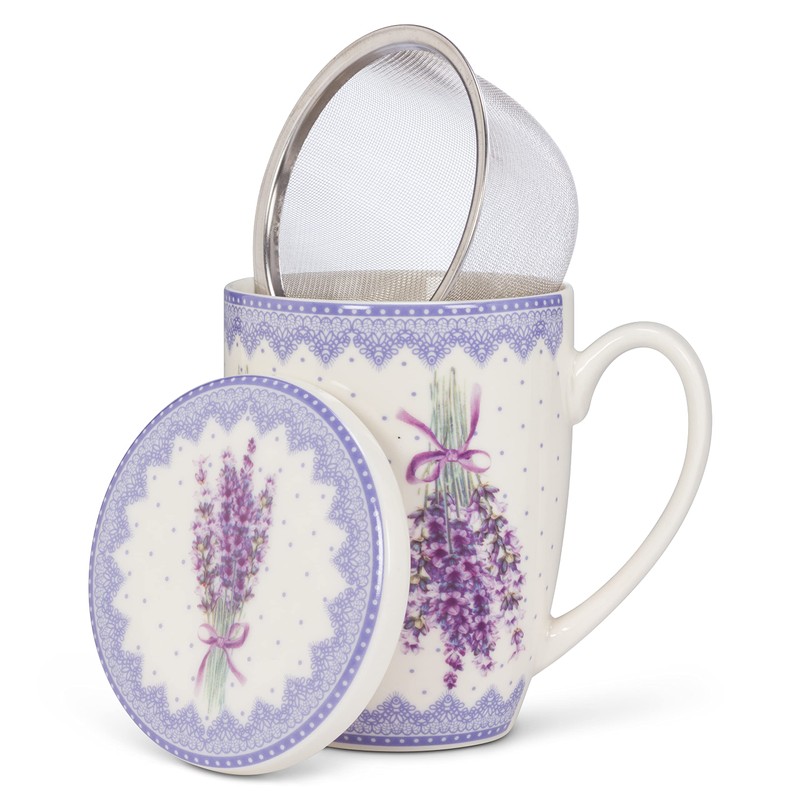 Abbott Collection 27-VALENSOLE-CVT Lavender Print Covered Mug & Strainer, White/Purple