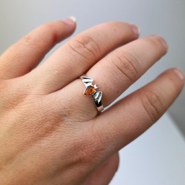 SilverAmber Jewellery UK - Genuine Cognac Baltic Amber & 925 Sterling Silver Bat Designer Adjustable Ring - AR16C