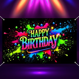 HOMETITUTE Neon Happy Birthday Banner Backdrop Neon Decorations For Glow Party Glow in The Dark Photography Backdrops Colorful Graffiti Splash Paint Kids Birthday Supplies UV Blacklight 71x43 Inch